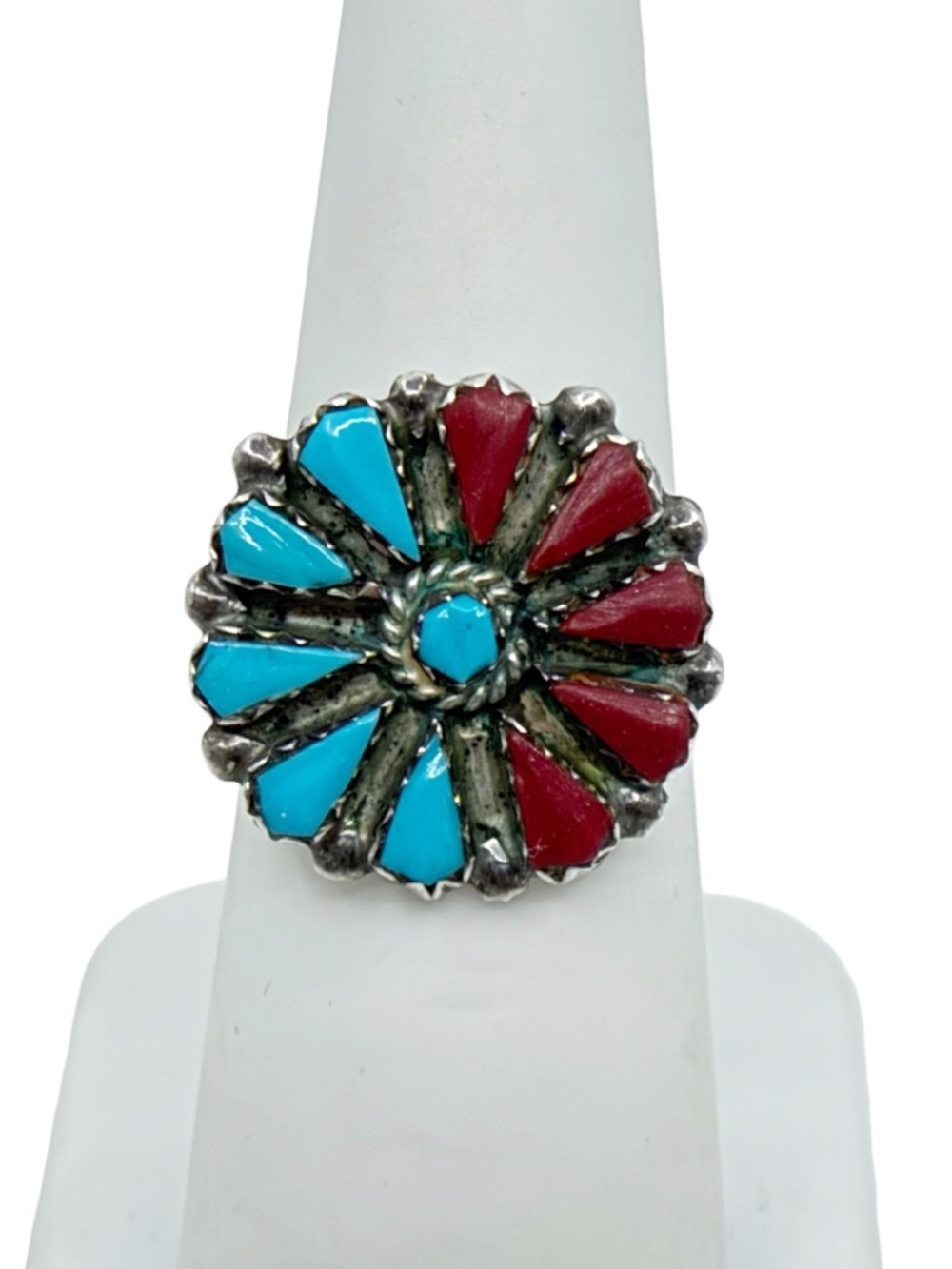Navajo SB sterling silver turquoise & coral ring - GM1045